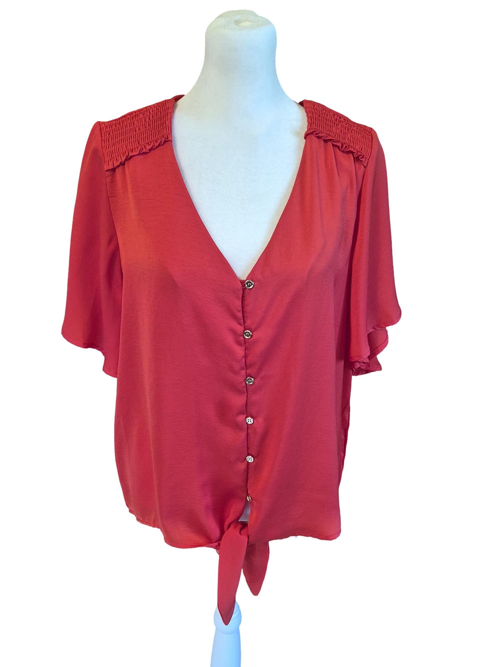 Ninety Clothing Co Women's Red Button-Front Tie-Hem Blouse